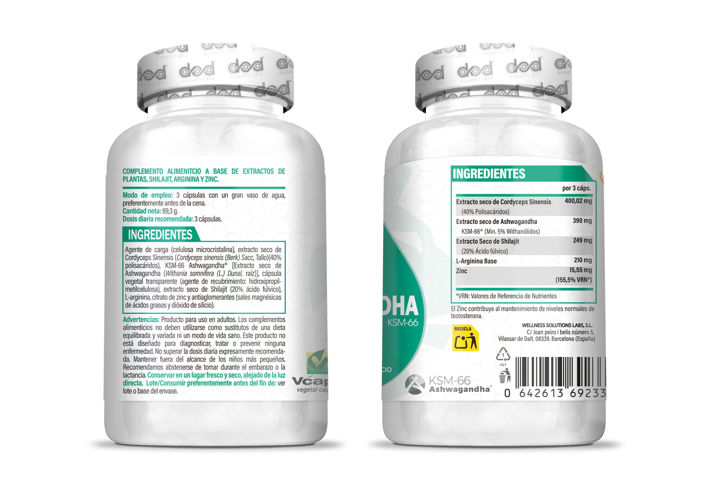 Ashwagandha KSM-66 Hombre Estrés Sueño Energía Withania Somnifera Adaptógeno Natural Complemento Alimenticio Vegano 90 Cápsulas Dod Essentials