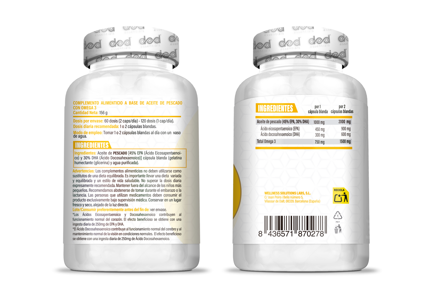 Omega 3 Cápsulas Alta Concentración 900 mg EPA y 600 mg DHA 1 o 2 Cápsulas al Día Hasta 4 Meses Aceite de Pescado Destilación Molecular – 120 Cápsulas - DOD Essentials