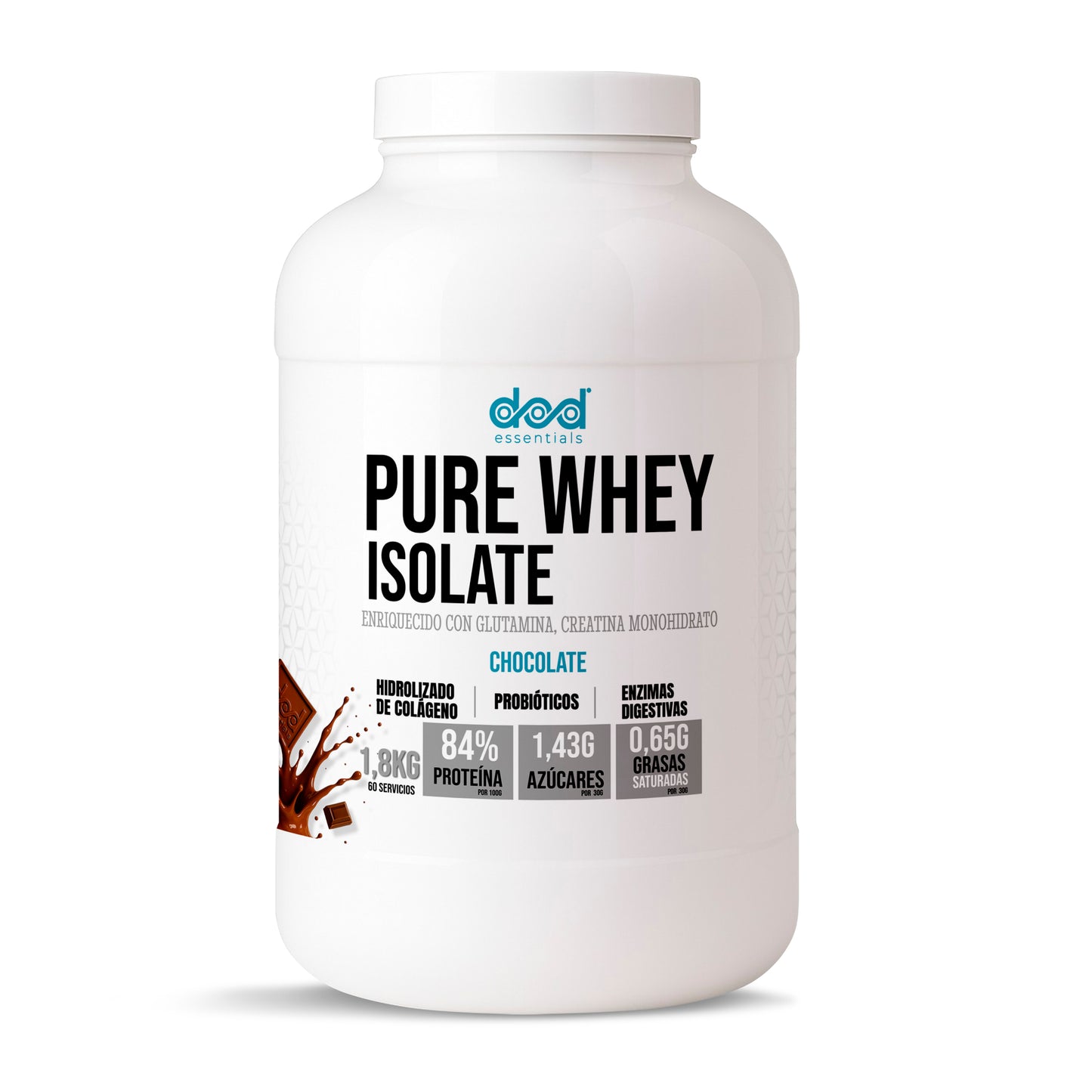 DoD Essentials Pure Whey Isolate 84% proteína+Colágeno hidrolizado+Creatina+Glutamina Con probióticos y enzimas digestivas Baja en lactosa y azúcares Recuperación