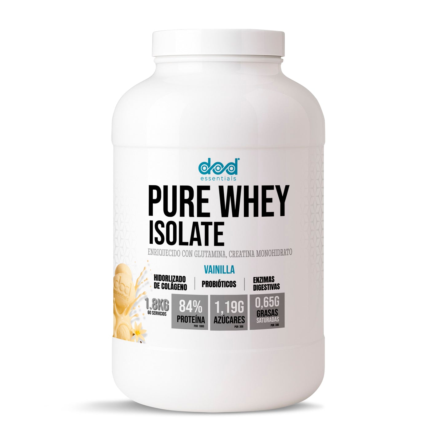 DoD Essentials Pure Whey Isolate 84% proteína+Colágeno hidrolizado+Creatina+Glutamina Con probióticos y enzimas digestivas Baja en lactosa y azúcares Recuperación