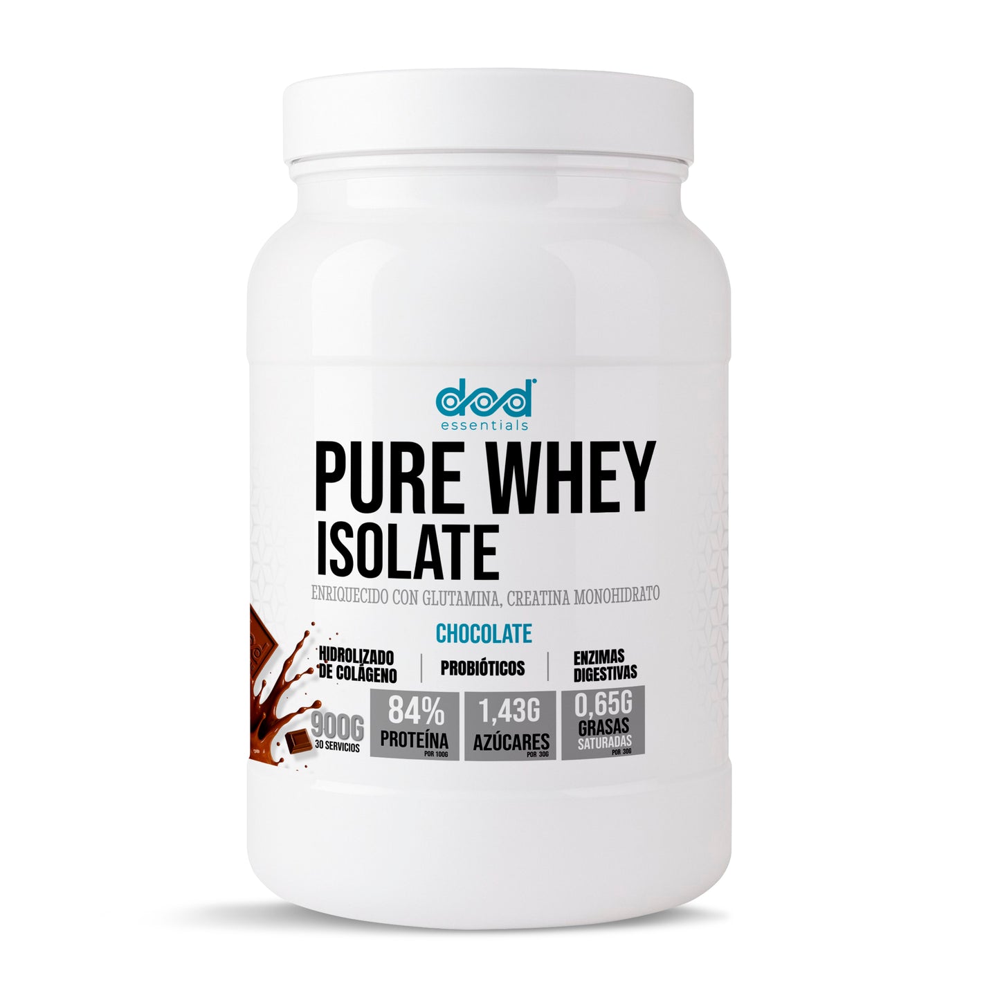 DoD Essentials Pure Whey Isolate 84% proteína+Colágeno hidrolizado+Creatina+Glutamina Con probióticos y enzimas digestivas Baja en lactosa y azúcares Recuperación