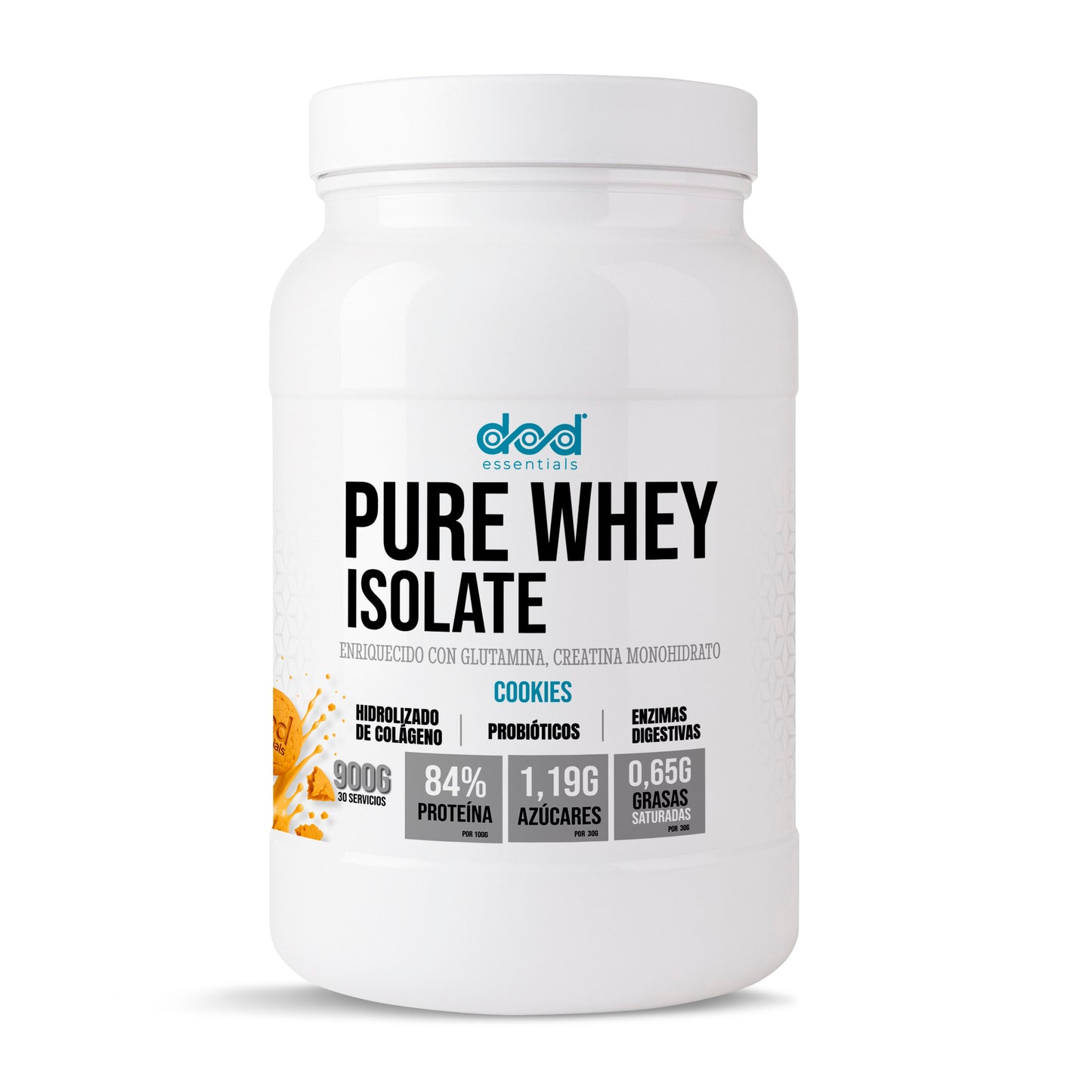 DoD Essentials Pure Whey Isolate 84% proteína+Colágeno hidrolizado+Creatina+Glutamina Con probióticos y enzimas digestivas Baja en lactosa y azúcares Recuperación