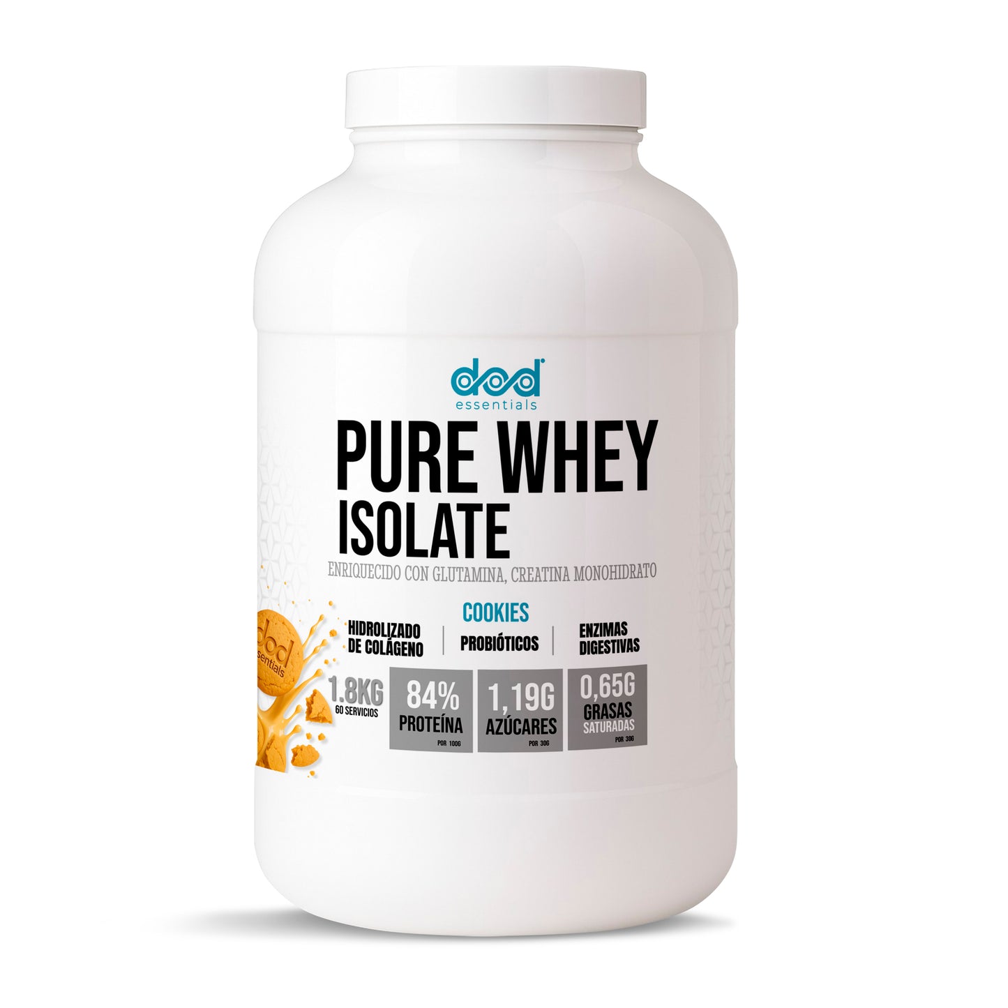 DoD Essentials Pure Whey Isolate 84% proteína+Colágeno hidrolizado+Creatina+Glutamina Con probióticos y enzimas digestivas Baja en lactosa y azúcares Recuperación
