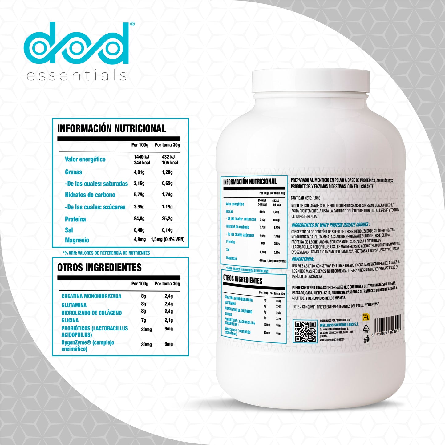 DoD Essentials Pure Whey Isolate 84% proteína+Colágeno hidrolizado+Creatina+Glutamina Con probióticos y enzimas digestivas Baja en lactosa y azúcares Recuperación