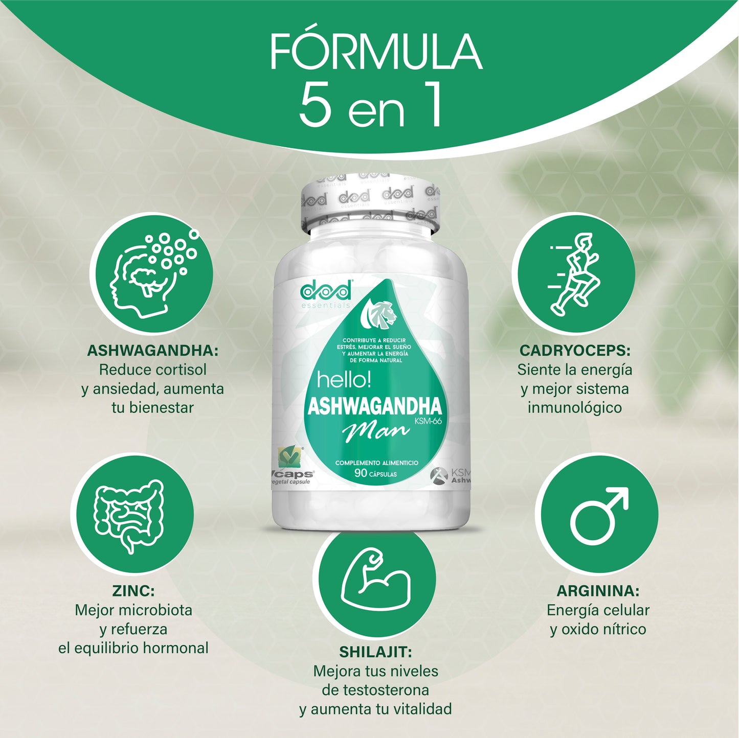 Ashwagandha KSM-66 Hombre Estrés Sueño Energía Withania Somnifera Adaptógeno Natural Complemento Alimenticio Vegano 90 Cápsulas Dod Essentials