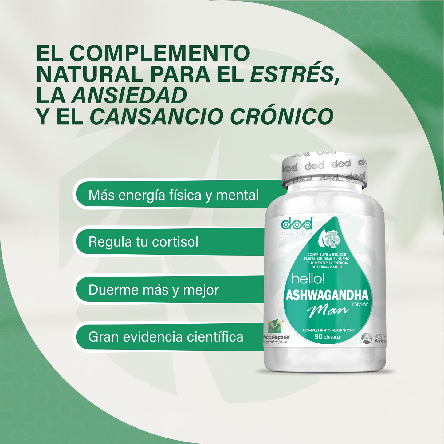 Ashwagandha KSM-66 Hombre Estrés Sueño Energía Withania Somnifera Adaptógeno Natural Complemento Alimenticio Vegano 90 Cápsulas Dod Essentials