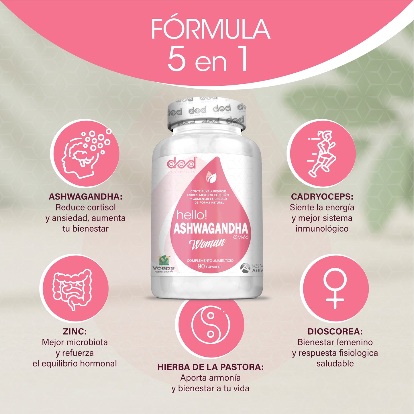 Ashwagandha KSM-66 Mujer Estrés Sueño Energía Withania Somnifera Adaptógeno Natural Complemento Alimenticio Vegano 90 Cápsulas Dod Essentials