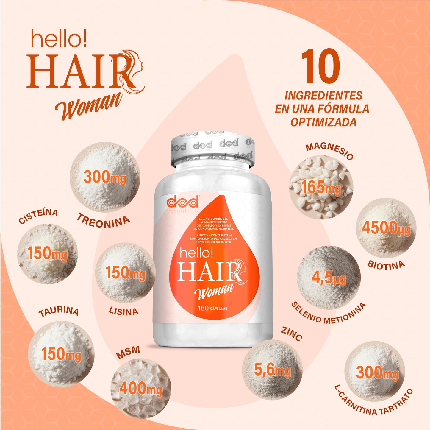 Hello Hair Woman Vitaminas para el Cabello,Uñas y Piel con Biotina, Zinc y Selenio Anticaída Mujer en Cápsulas con MSM y Aminoácidos – 180 Cápsulas (2 Meses) DOD Essentials