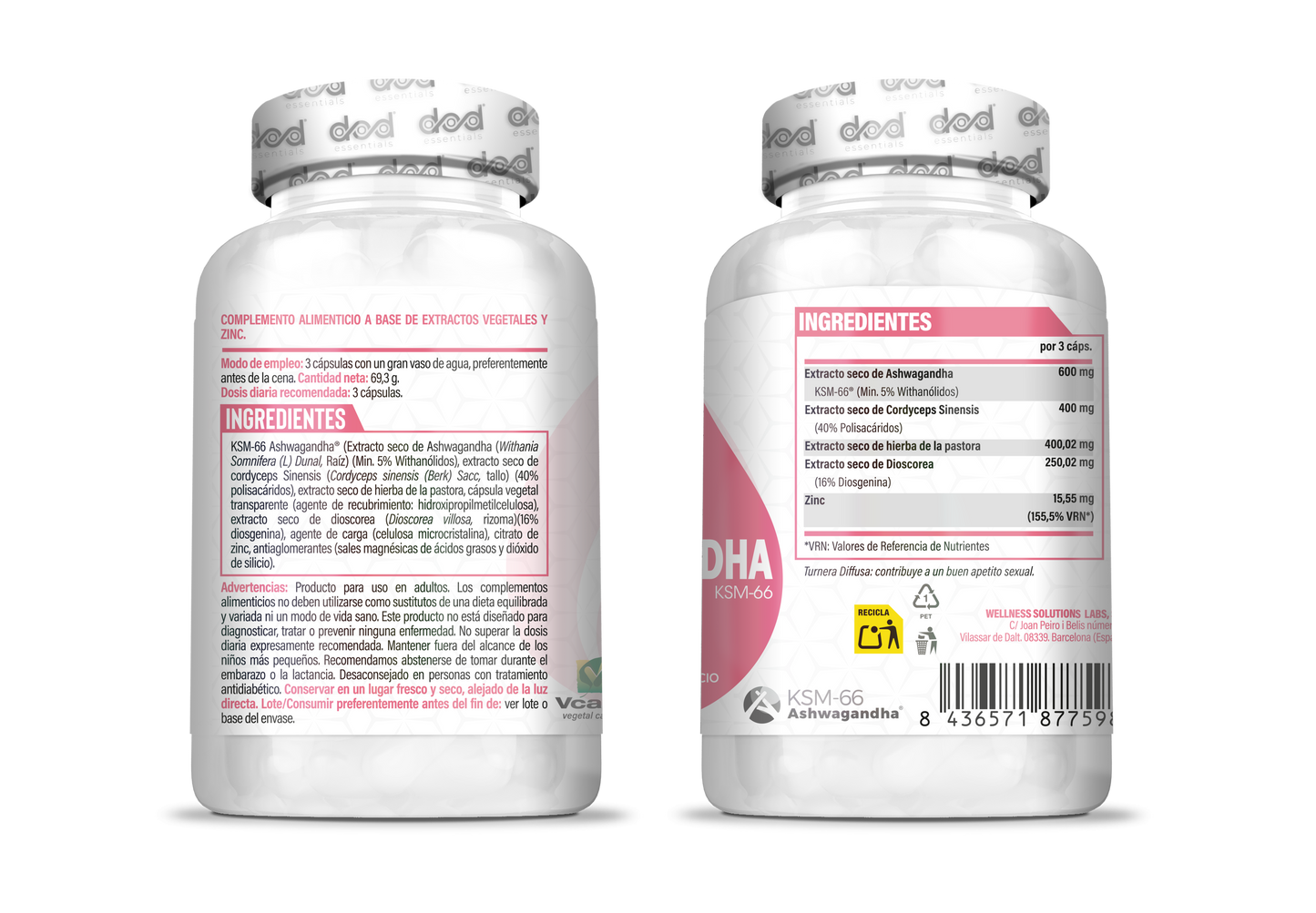 Ashwagandha KSM-66 Mujer Estrés Sueño Energía Withania Somnifera Adaptógeno Natural Complemento Alimenticio Vegano 90 Cápsulas Dod Essentials