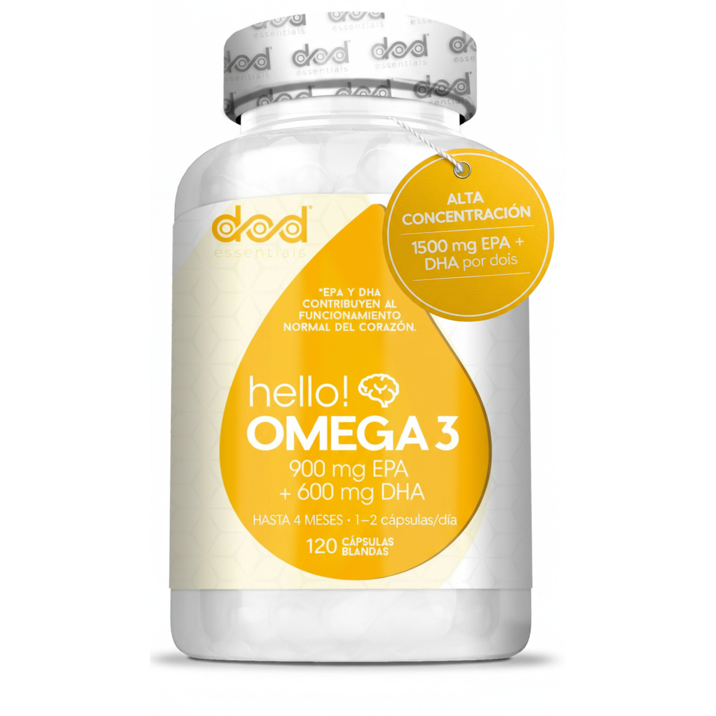 Omega 3 Cápsulas Alta Concentración 900 mg EPA y 600 mg DHA 1 o 2 Cápsulas al Día Hasta 4 Meses Aceite de Pescado Destilación Molecular – 120 Cápsulas - DOD Essentials